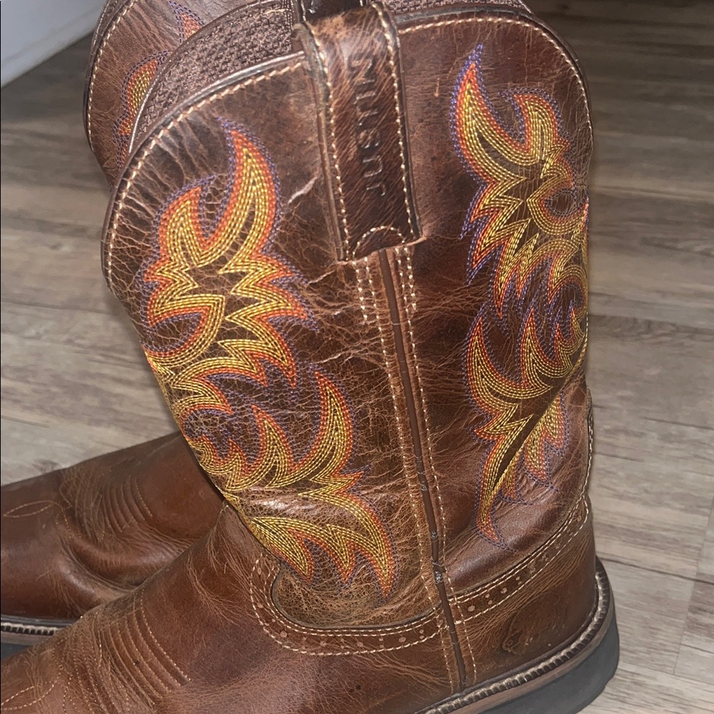 Justin Boots Brown Leather Cowboy Boots with Multi-color Stitching, see toe pic - Picture 2 of 15
